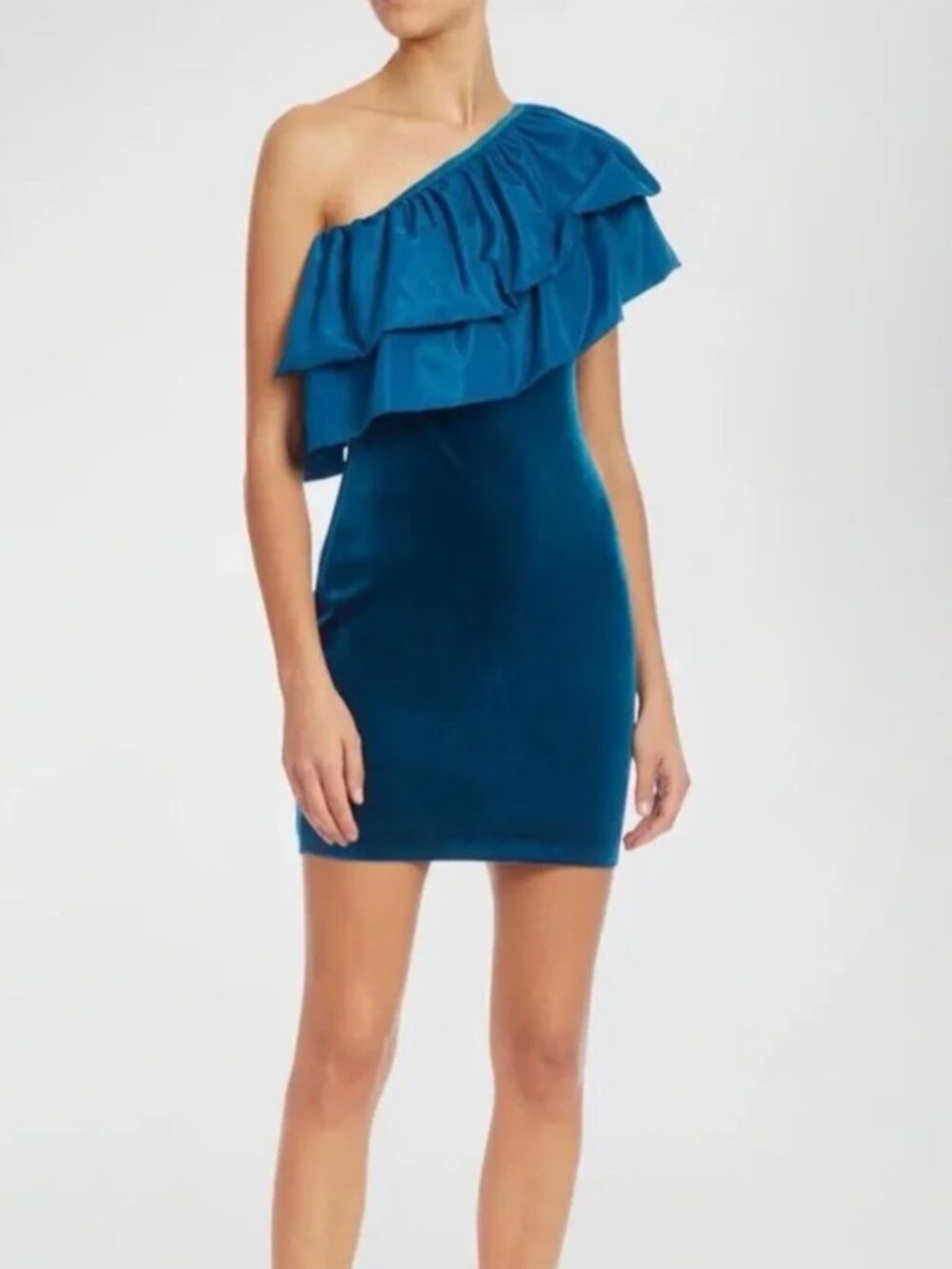 ONE33 SOCIAL Blue One-Shoulder Ruffle Velvet Mini Dress
